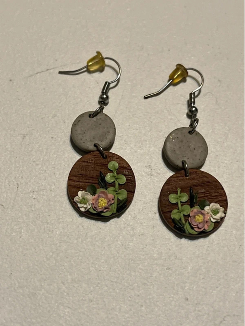 0067  Floral & Wood Dangle Earrings | Polymer Clay Detail
